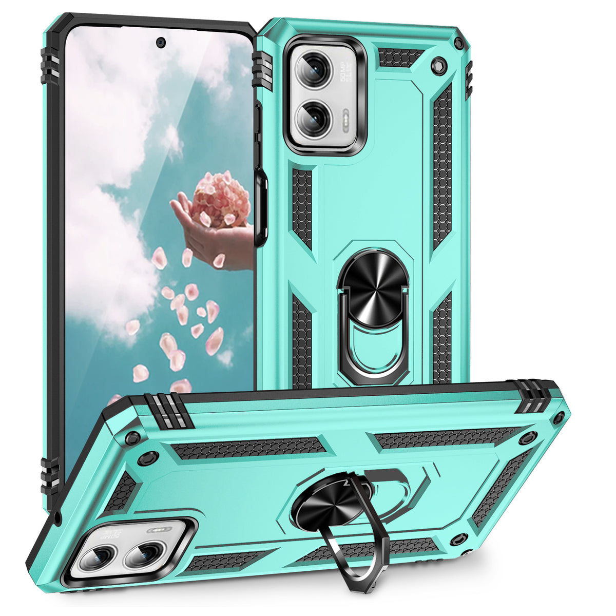 TJS "DuoGuard" Ring Kickstand Phone Case for Motorola Moto G Power 2023