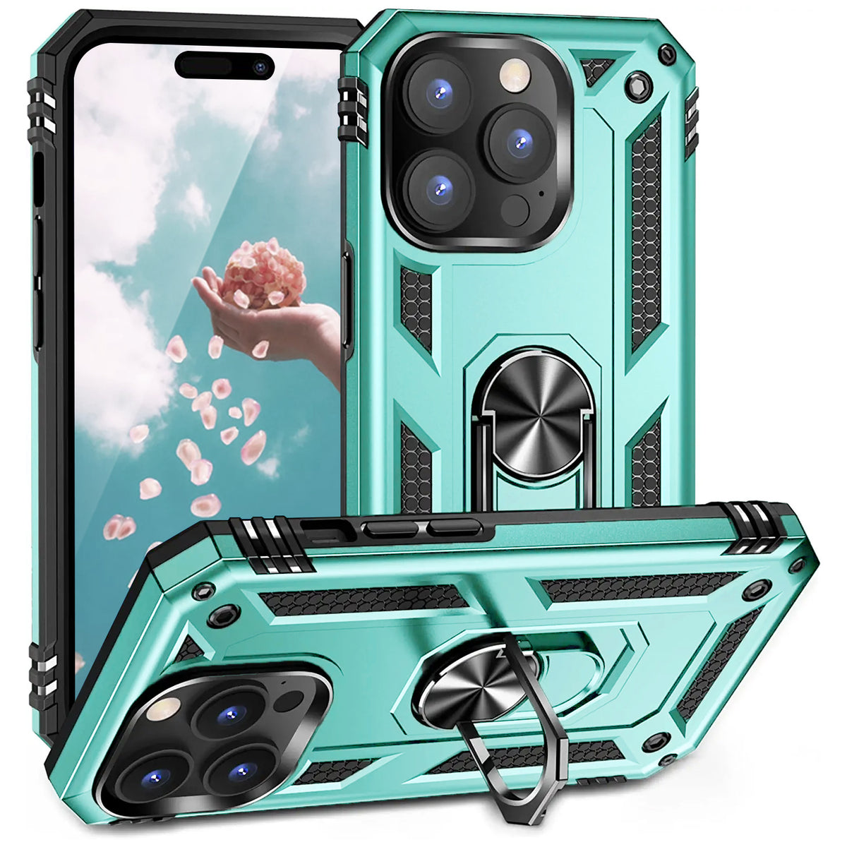 TJS "DuoGuard" Ring Kickstand Phone Case for iPhone 14 Pro