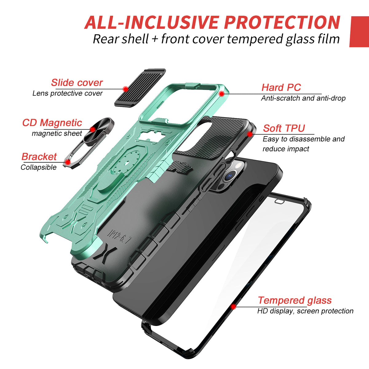 TJS "TOUCH" Built-in Tempered Glass Screen Protector Phone Case for iPhone 13, iPhone 13 Pro, iPhone 13 Pro Max