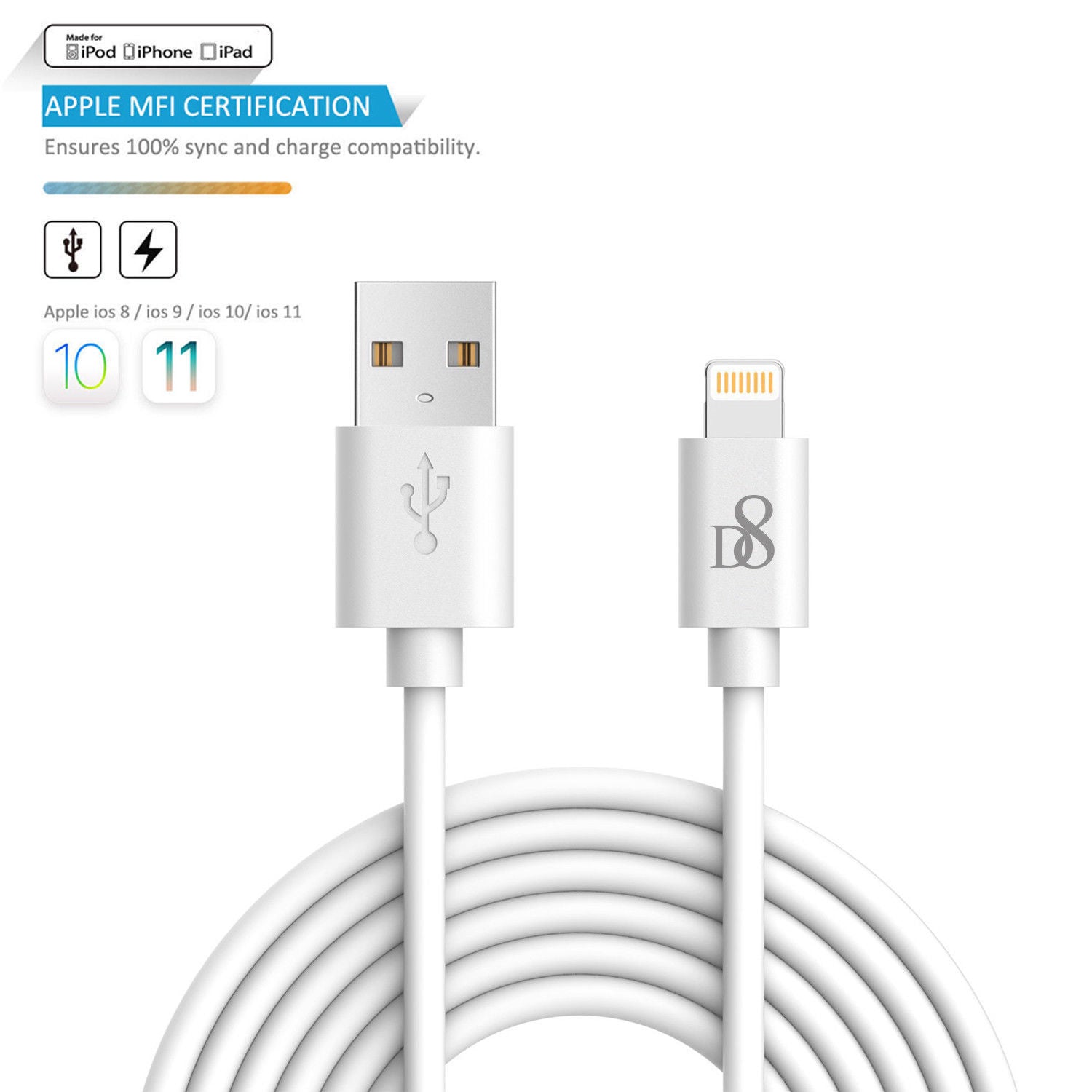 Lightning 10FT Heavy Duty USB Charger Cable for Apple iPhone 11/Pro/Max/XS/8 MFI certified - InfinityAccessories017