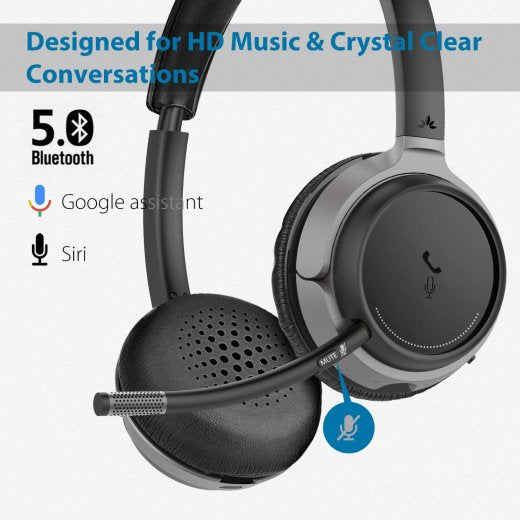 Bluetooth 5.0 Headset for Computer PC, aptX HD Superior Music Sound, Low Latency Wireless On Ear Headphones with Boom Mic, Charging Stand Alto Clair - InfinityAccessories017
