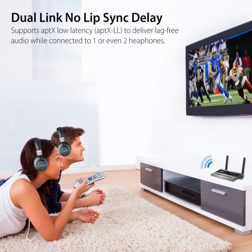 Long Range Bluetooth 5.0 Transmitter Receiver for TV & PC Audio, Home Stereo Speakers, aptX Low Latency Wireless Adapter for 2 Headphones - InfinityAccessories017