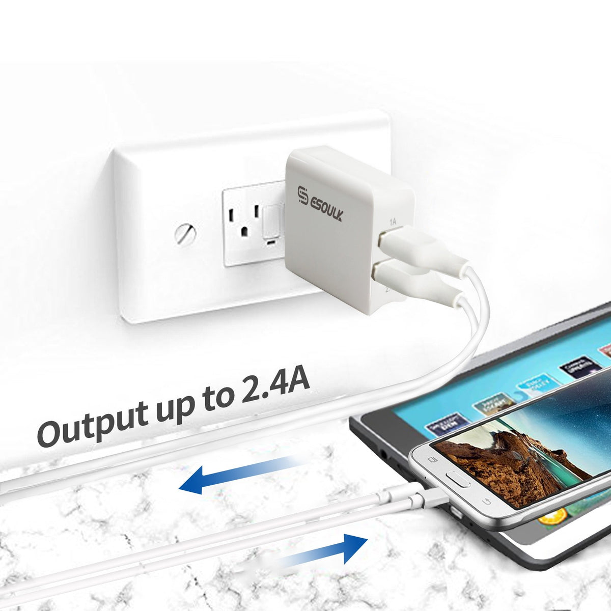 ESOULK 12W 2.4A Dual USB Travel Wall Charger with 5ft USB to Micro USB Charging Cable