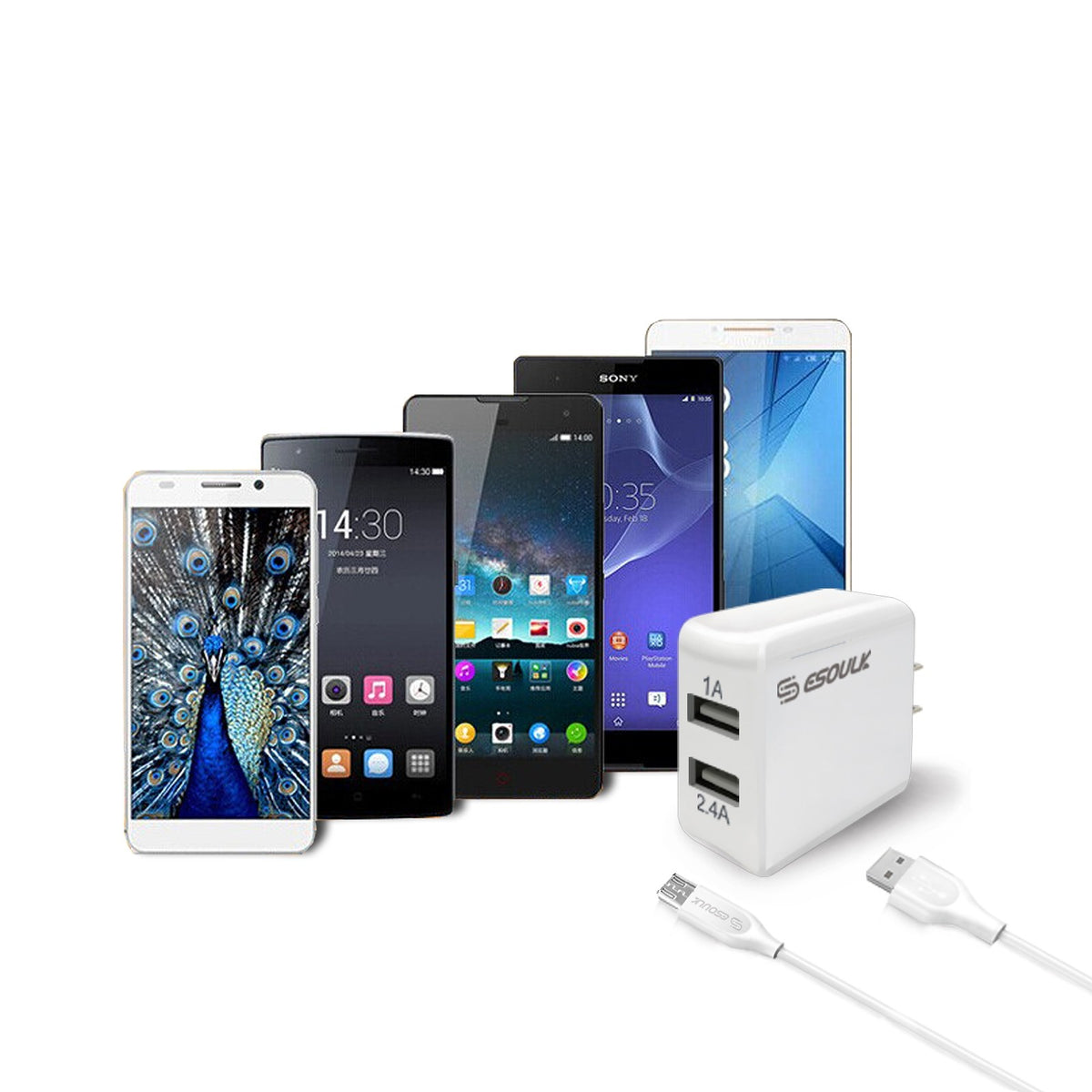 ESOULK 12W 2.4A Dual USB Travel Wall Charger with 5ft USB to Micro USB Charging Cable