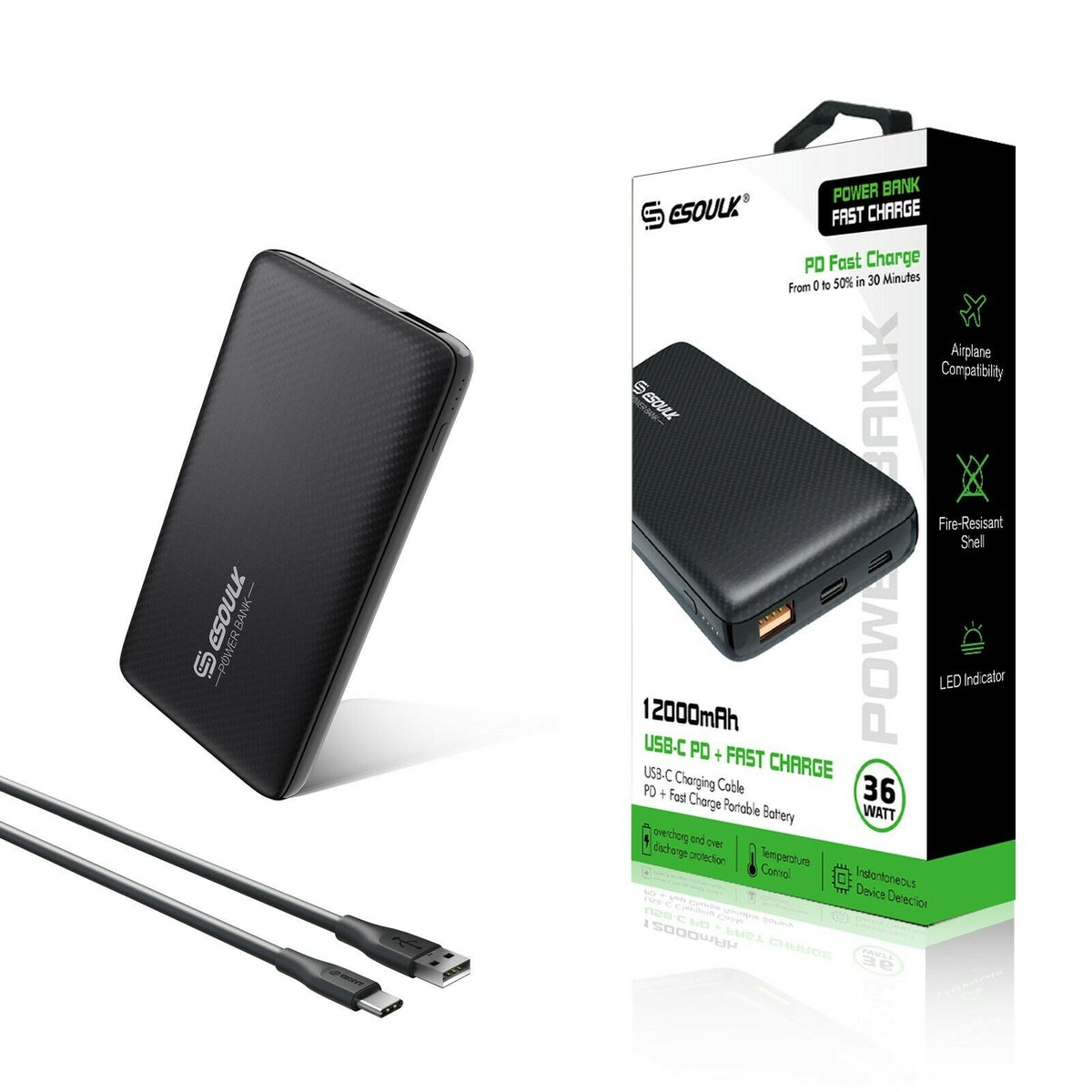 12000mAh Power Bank USB C 36W PD Fast Charge  External Battery for Iphone 11 Pro - InfinityAccessories017