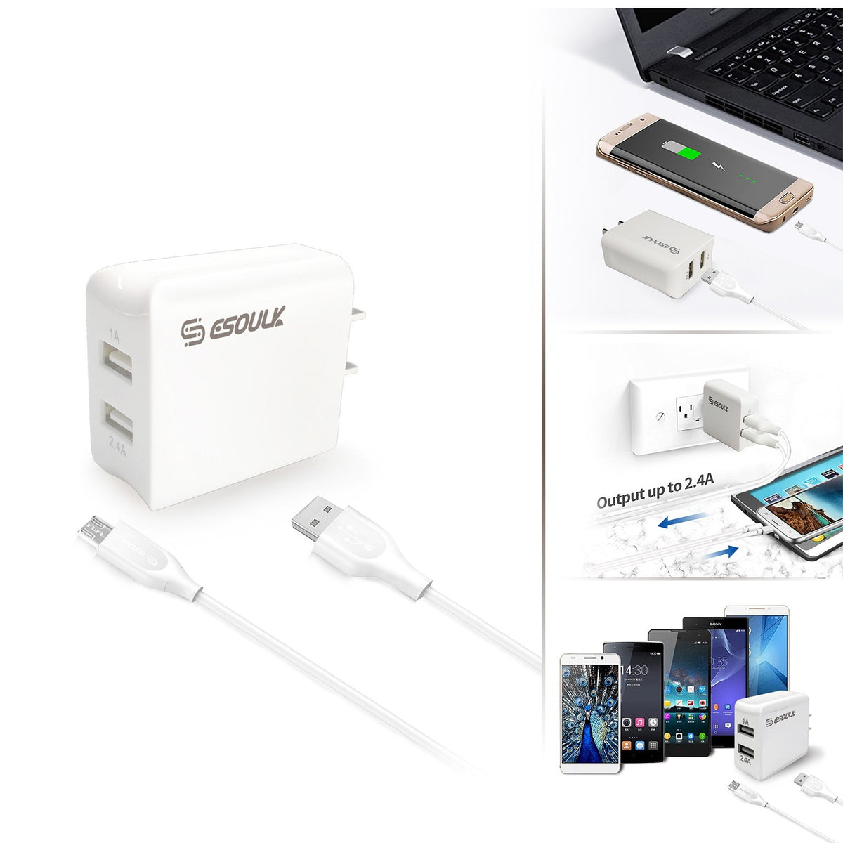 ESOULK 12W 2.4A Dual USB Travel Wall Charger with 5ft USB to Micro USB Charging Cable