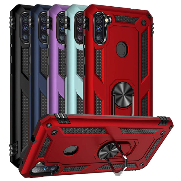 TJS "DuoGuard" Ring Kickstand Phone Case for Samsung Galaxy A11