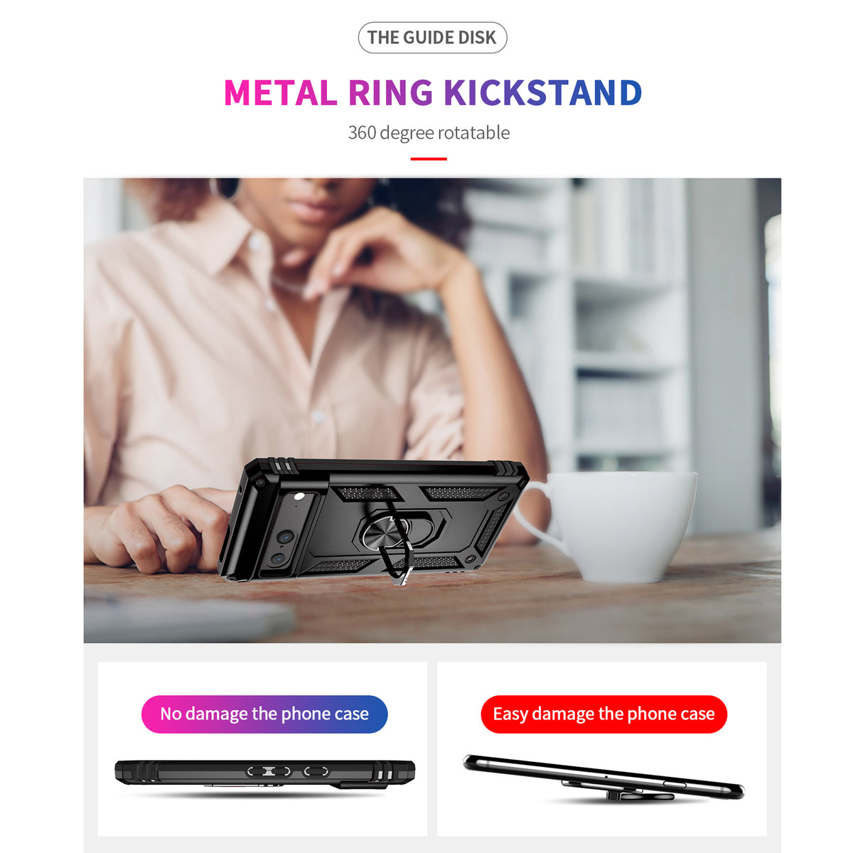 TJS "DuoGuard" Ring Kickstand Phone Case for Pixel 7