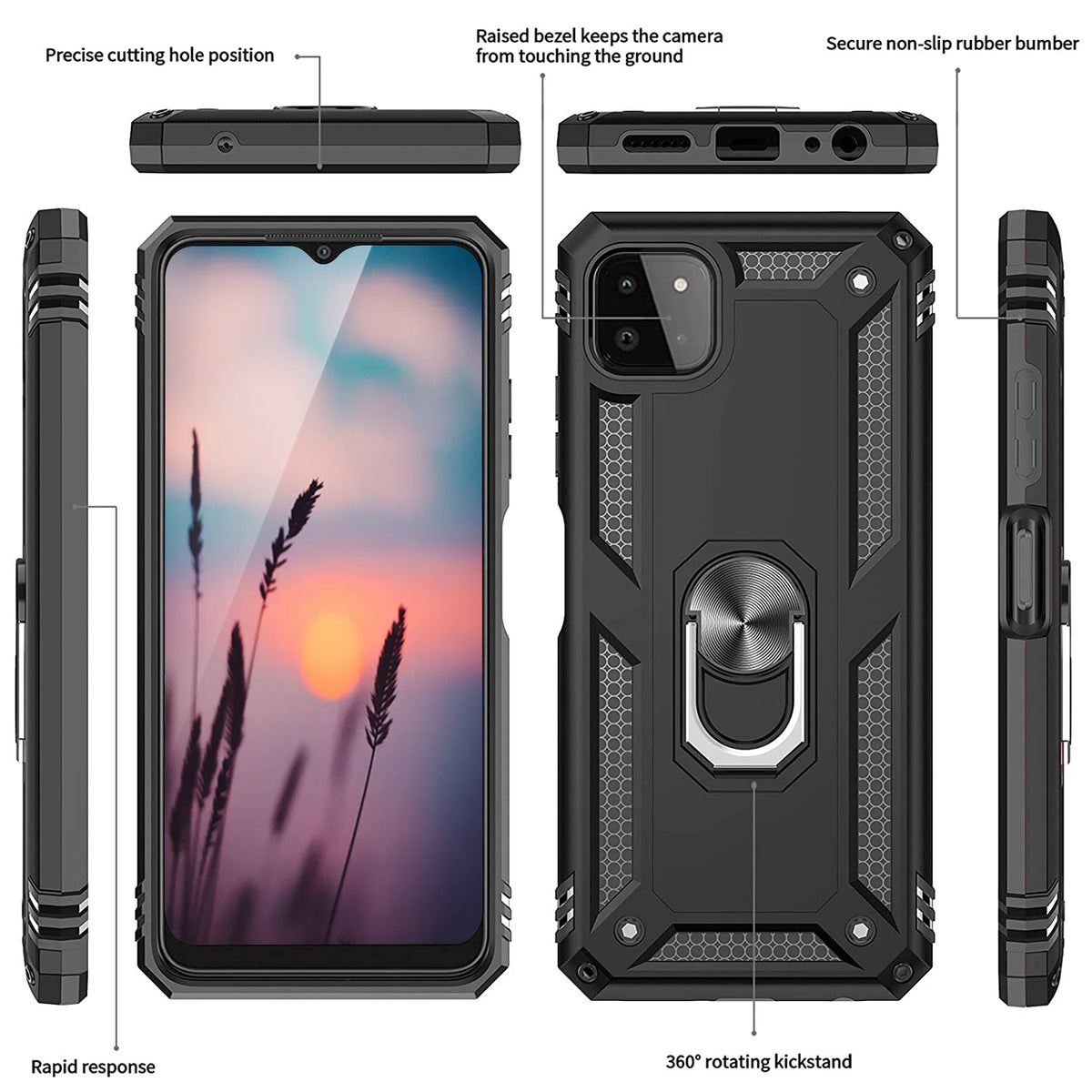TJS "DuoGuard" Ring Kickstand Phone Case for Samsung Galaxy A22 5G