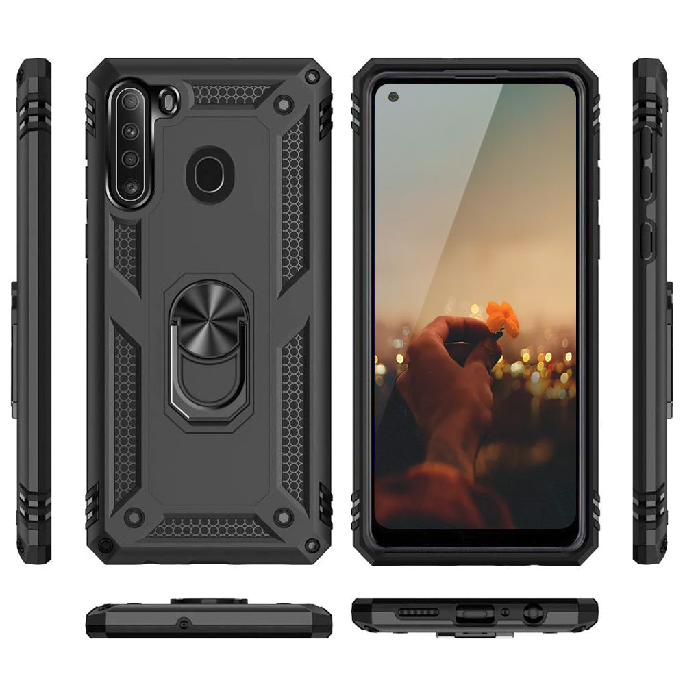 TJS "DuoGuard" Ring Kickstand Phone Case for Samsung Galaxy A21