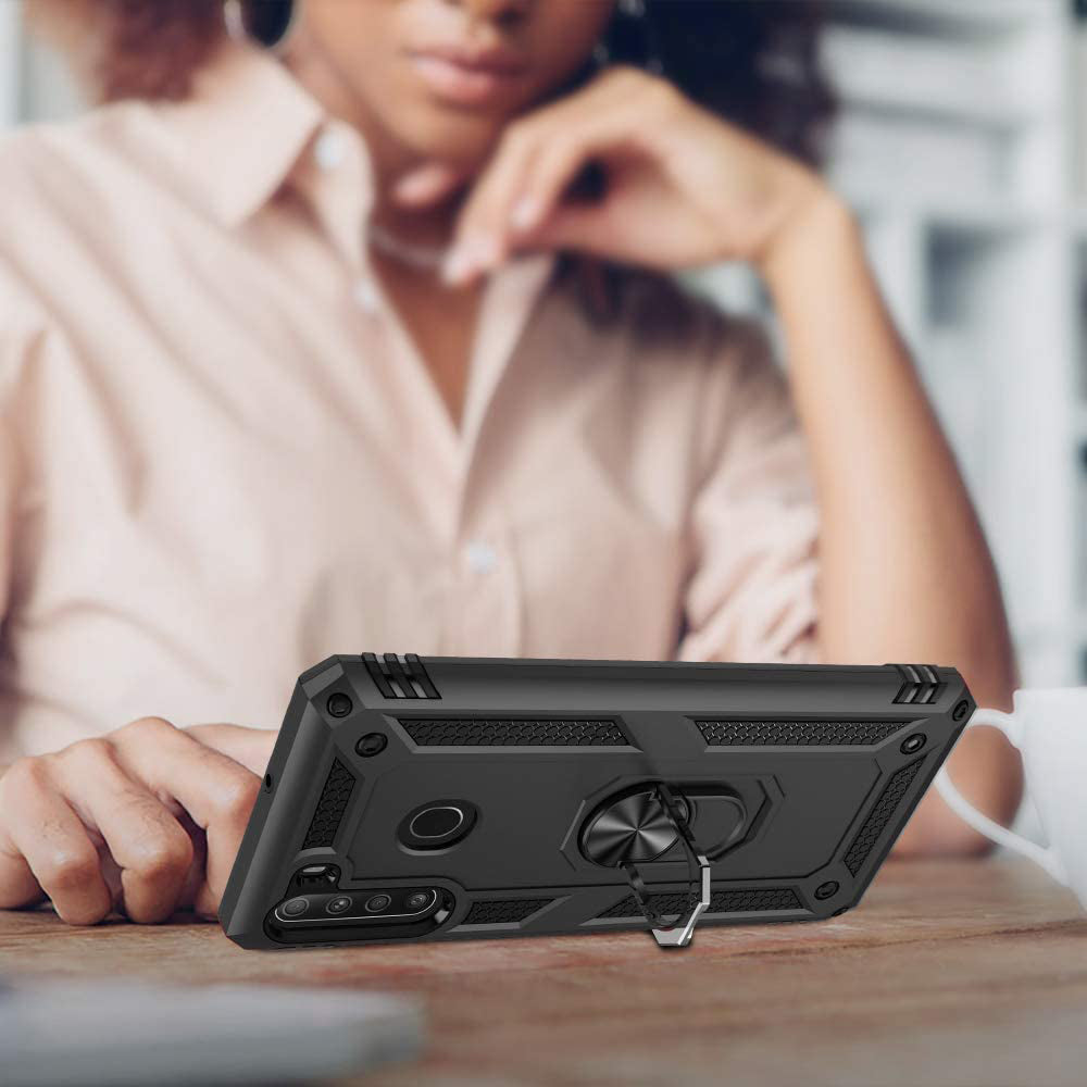TJS "DuoGuard" Ring Kickstand Phone Case for Samsung Galaxy A21