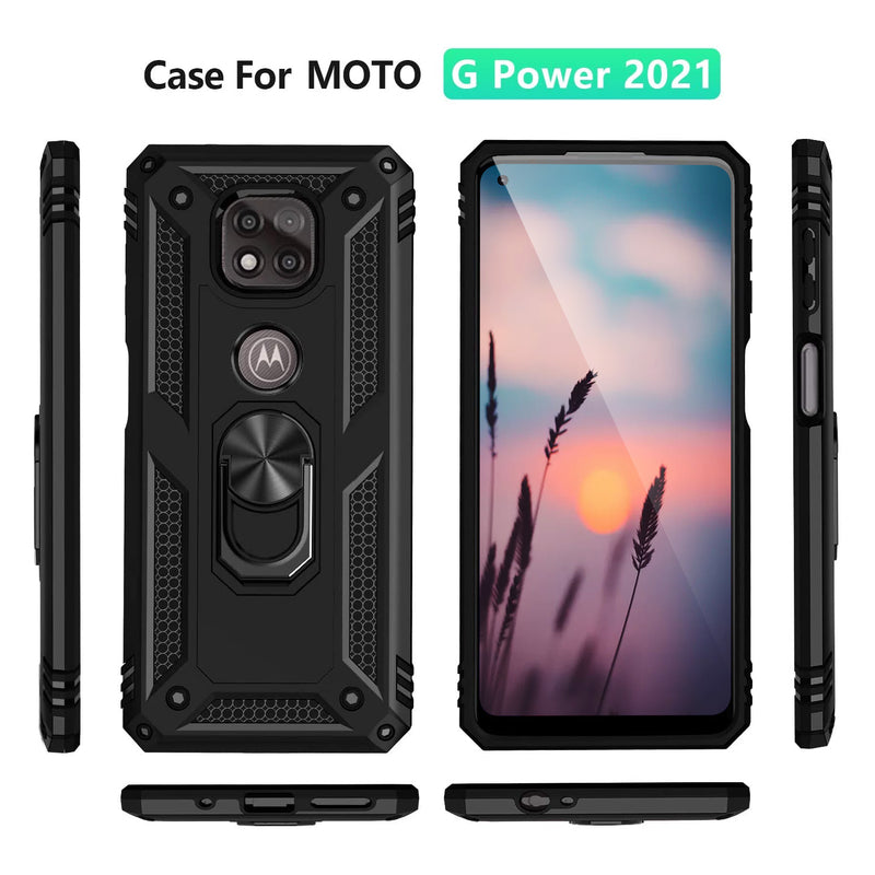 TJS "DuoGuard" Ring Kickstand Phone Case for Motorola G Power 2021