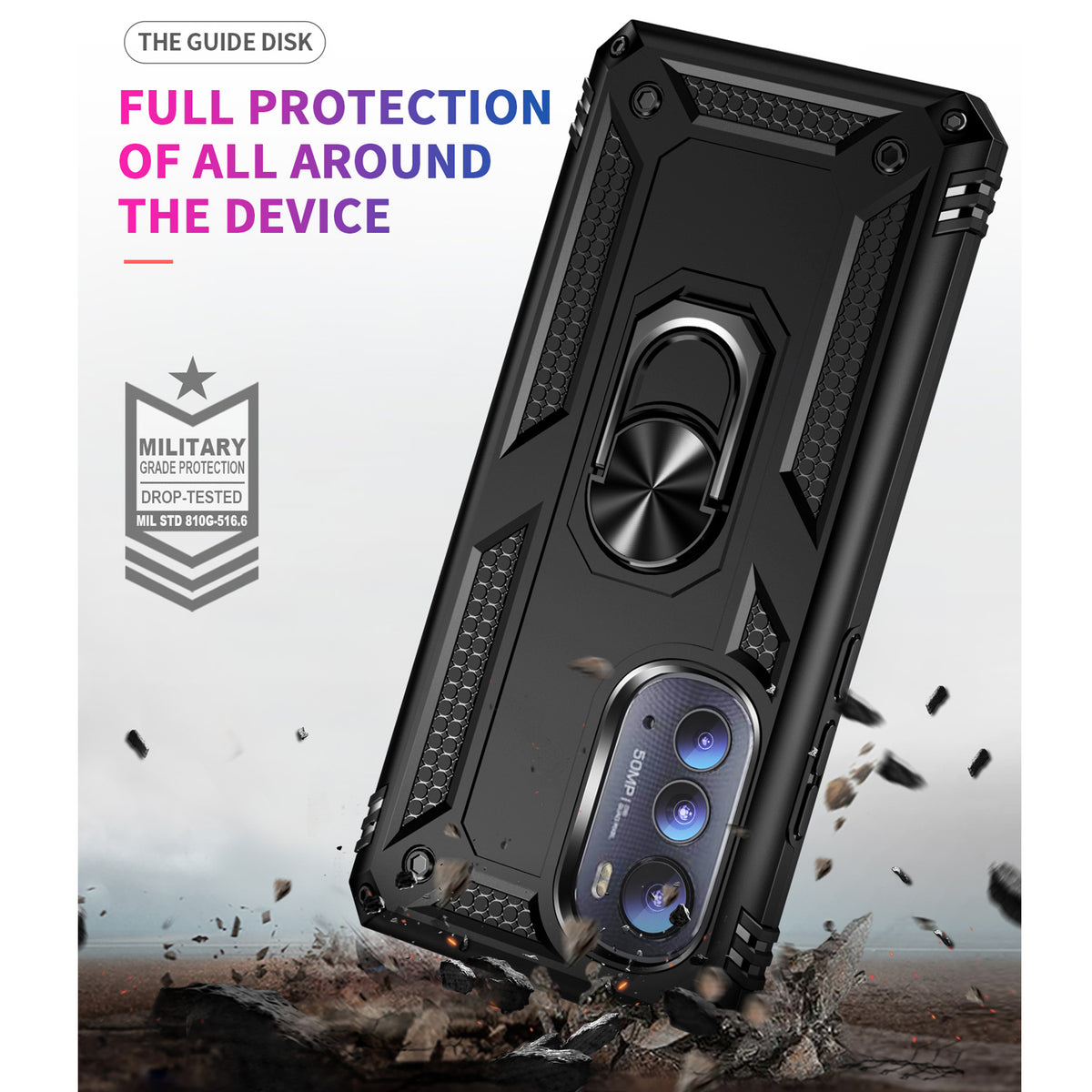 TJS "DuoGuard" Ring Kickstand Phone Case for Motorola Edge 5G 2022