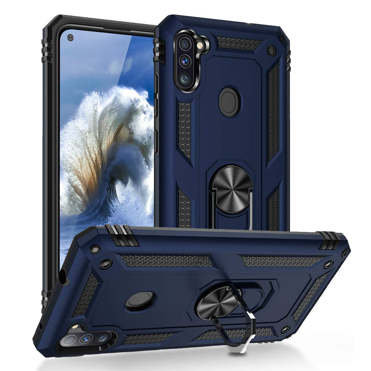 TJS "DuoGuard" Ring Kickstand Phone Case for Samsung Galaxy A11