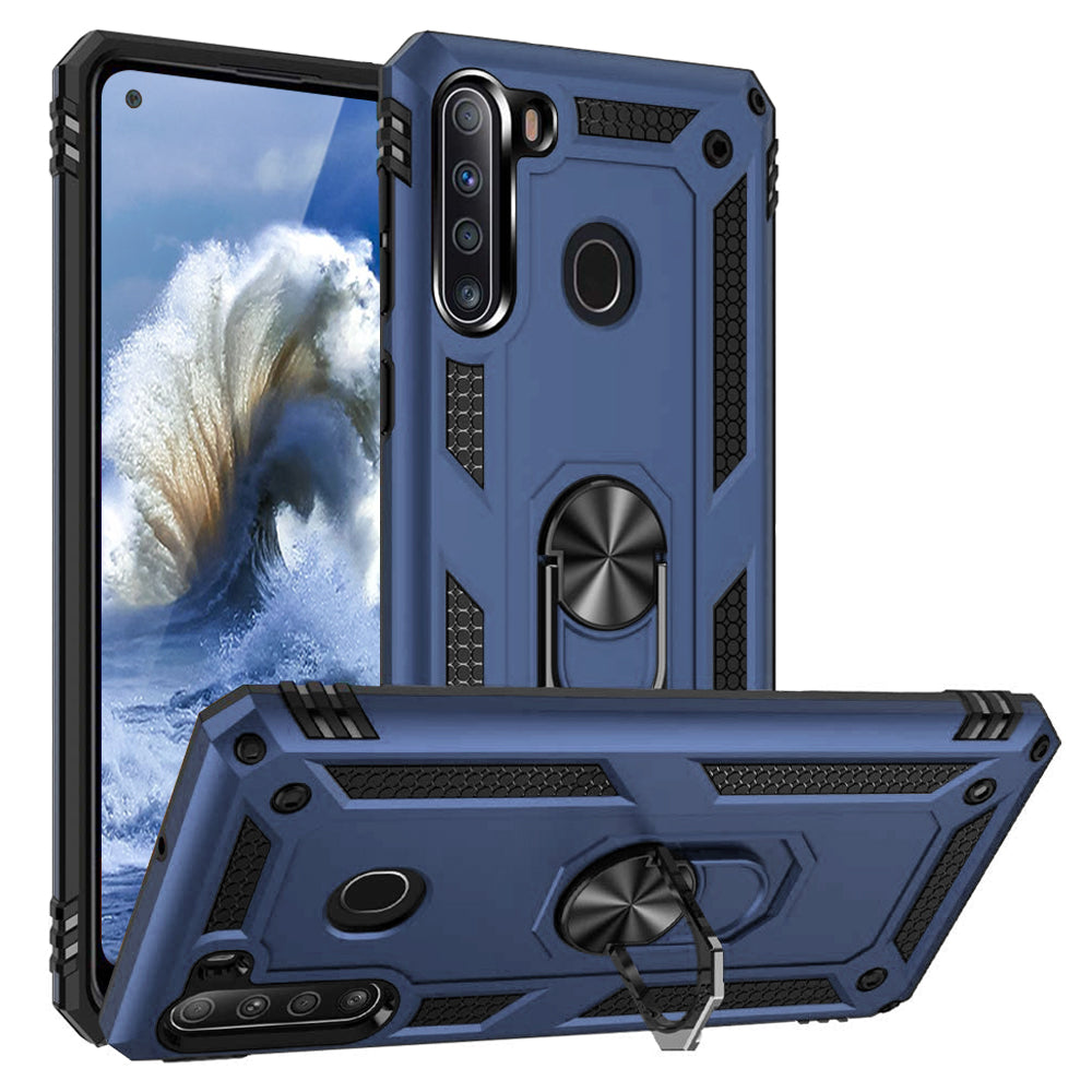 TJS "DuoGuard" Ring Kickstand Phone Case for Samsung Galaxy A21