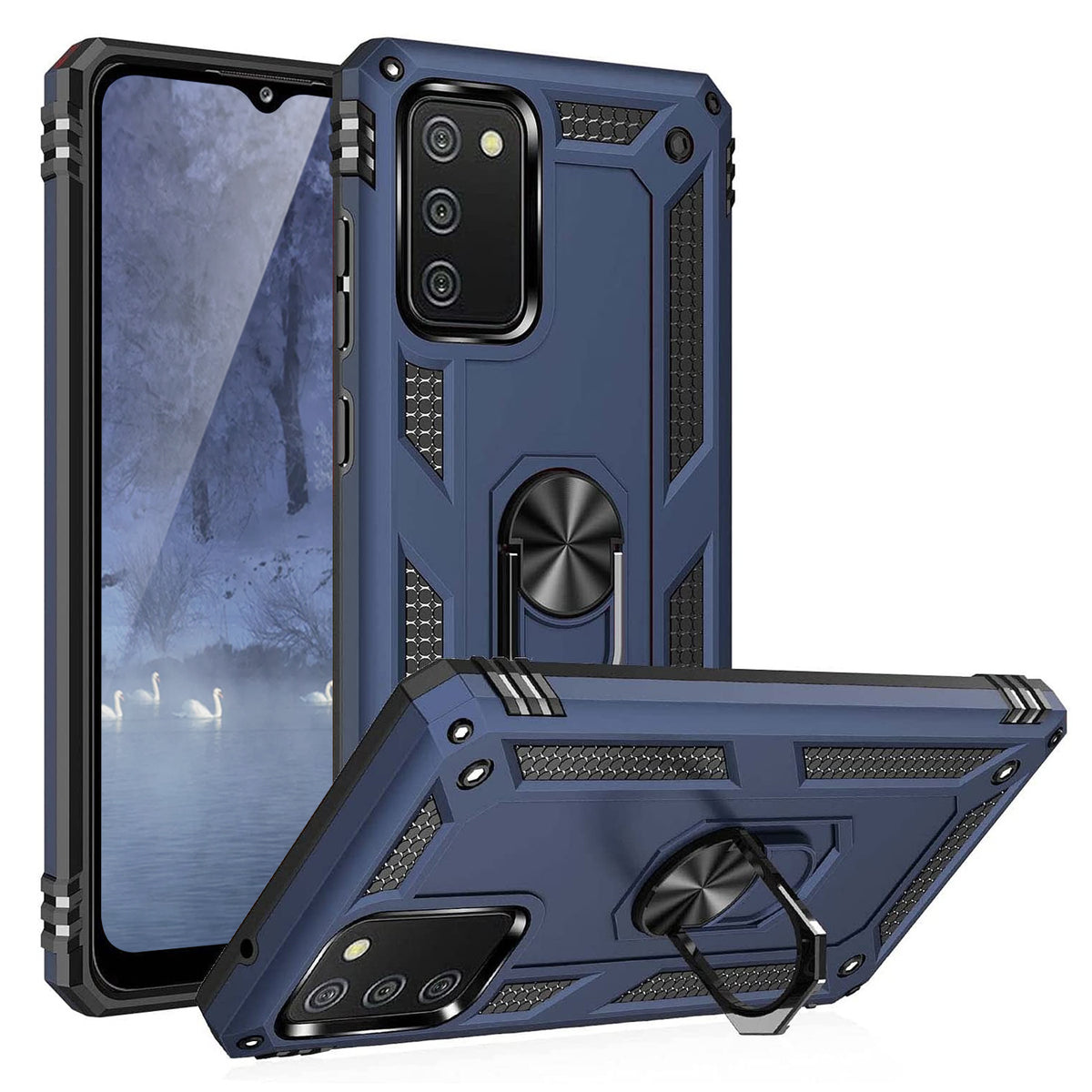 TJS "DuoGuard" Ring Kickstand Phone Case for Samsung Galaxy A02S