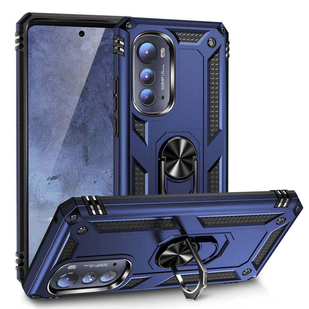 TJS "DuoGuard" Ring Kickstand Phone Case for Motorola Edge 5G 2022