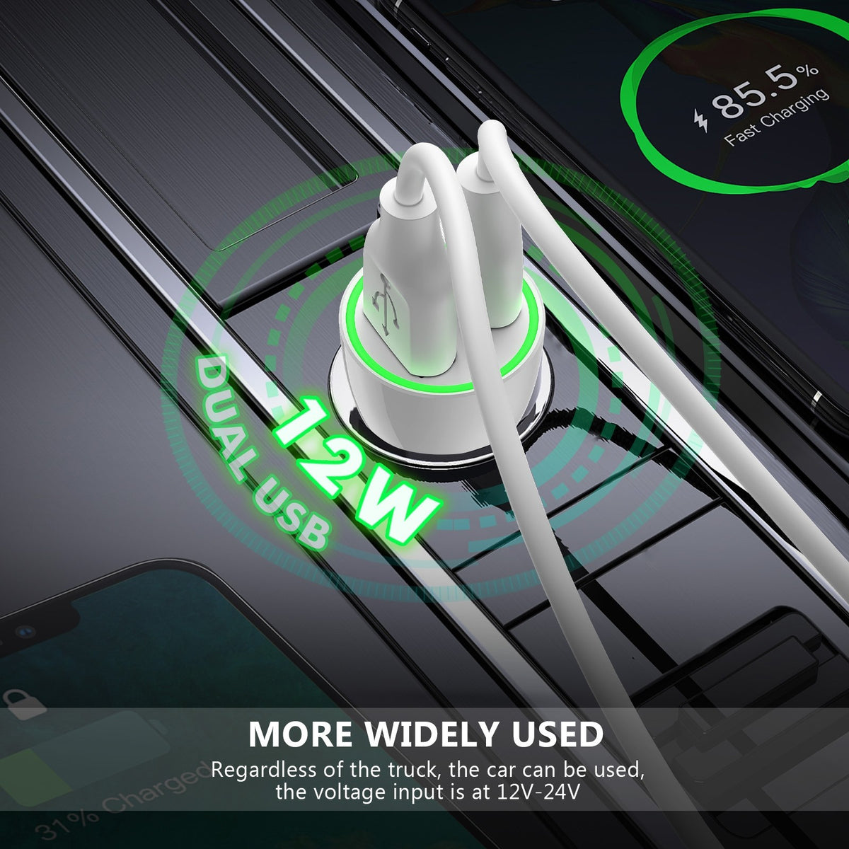 ESOULK 12W 2.4A Dual USB Car Adapter White
