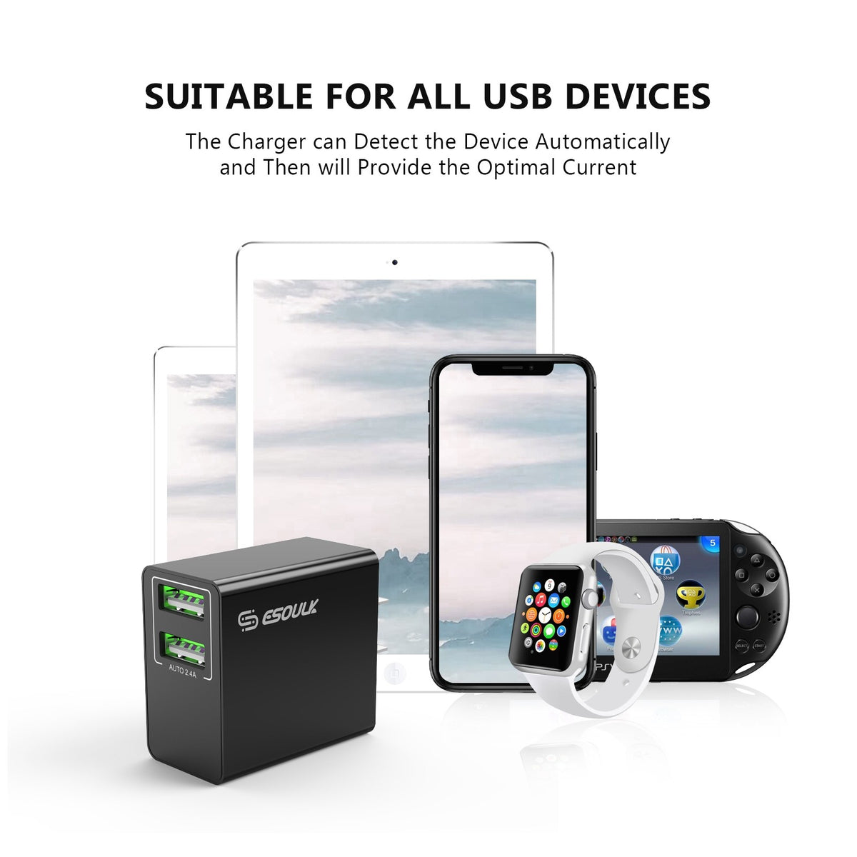 ESOULK 12W 2.4A Dual USB Wall Adapter Black