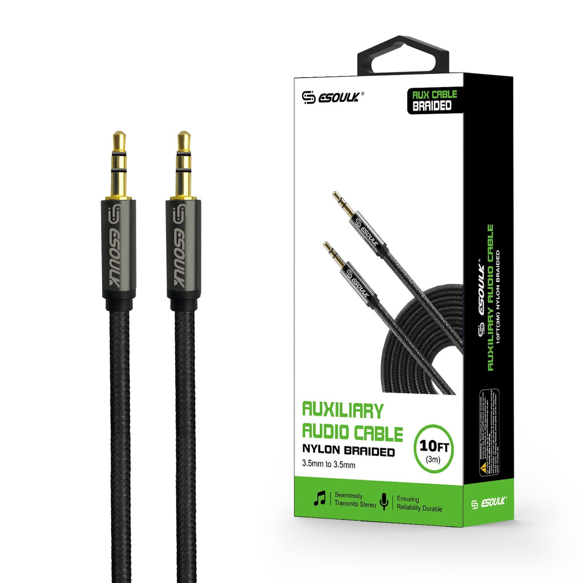 ESOULK 4ft/10ft 3.5mm Auxiliary Audio Braided Cable Black