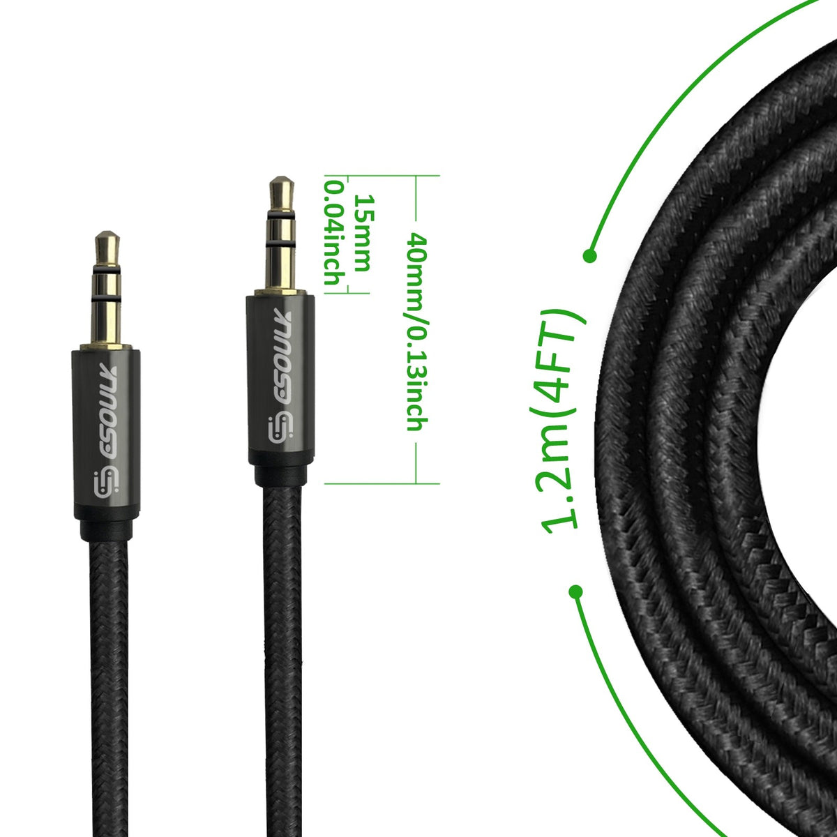 ESOULK 4ft/10ft 3.5mm Auxiliary Audio Braided Cable Black