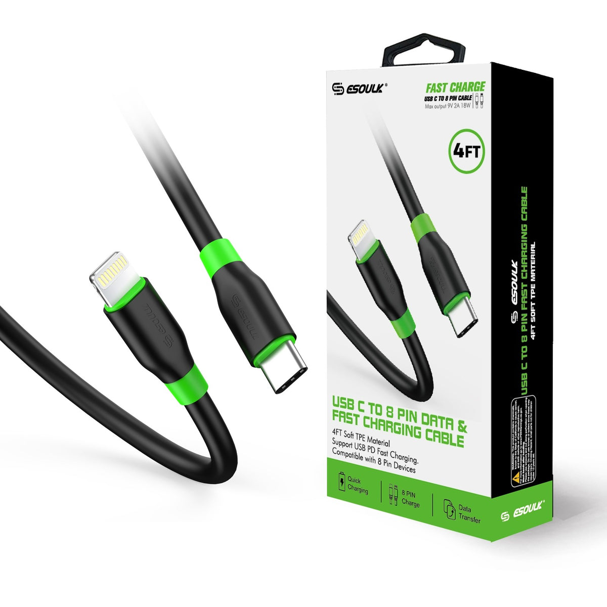 ESOULK 4ft/1.2m PD Fast Charge USB-C To Lightning Cable TPE Material (Max Output 9V 2A 18W)