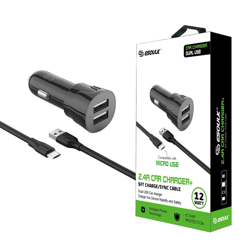 ESOULK 12W 2.4A Dual USB Travel Car Charger with 5ft USB to Micro USB Charging Cable