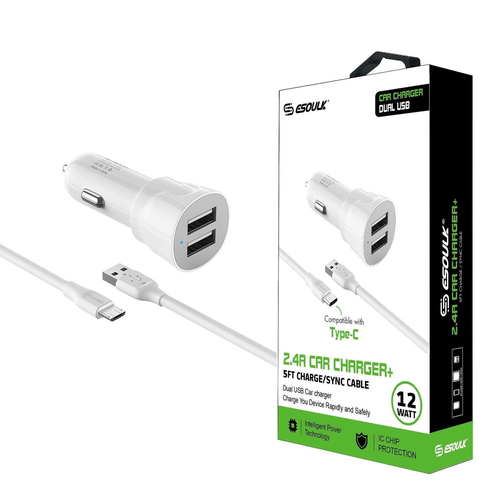 ESOULK 12W 2.4A Dual USB Travel Car Charger with 5ft USB to USB-C Charging Cable
