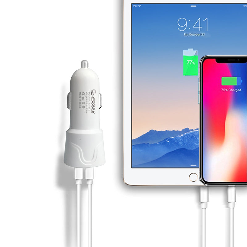 ESOULK 12W 2.4A Dual USB Travel Car Charger with 5ft USB to Lightning Charging Cable