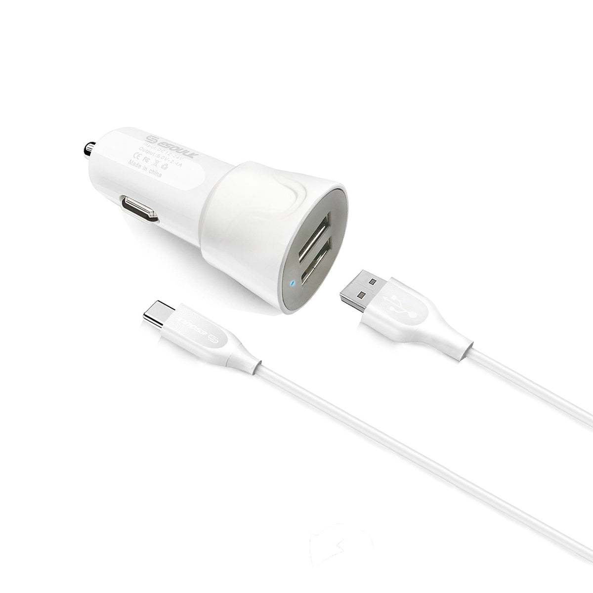 ESOULK 12W 2.4A Dual USB Travel Car Charger with 5ft USB to USB-C Charging Cable