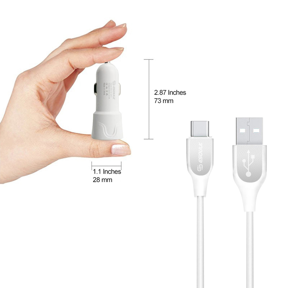 ESOULK 12W 2.4A Dual USB Travel Car Charger with 5ft USB to USB-C Charging Cable