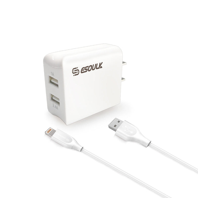 ESOULK 12W 2.4A Dual USB Travel Wall Charger with 5ft USB to Lightning Charging Cable