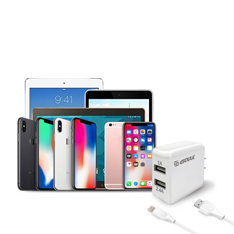 ESOULK 12W 2.4A Dual USB Travel Wall Charger with 5ft USB to Lightning Charging Cable