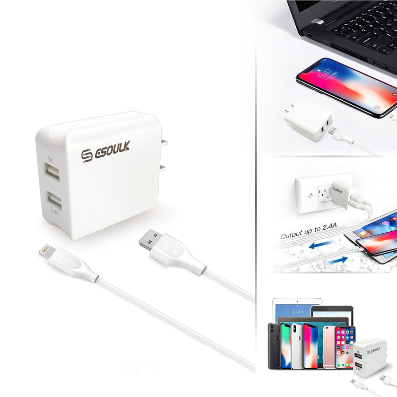 ESOULK 12W 2.4A Dual USB Travel Wall Charger with 5ft USB to Lightning Charging Cable