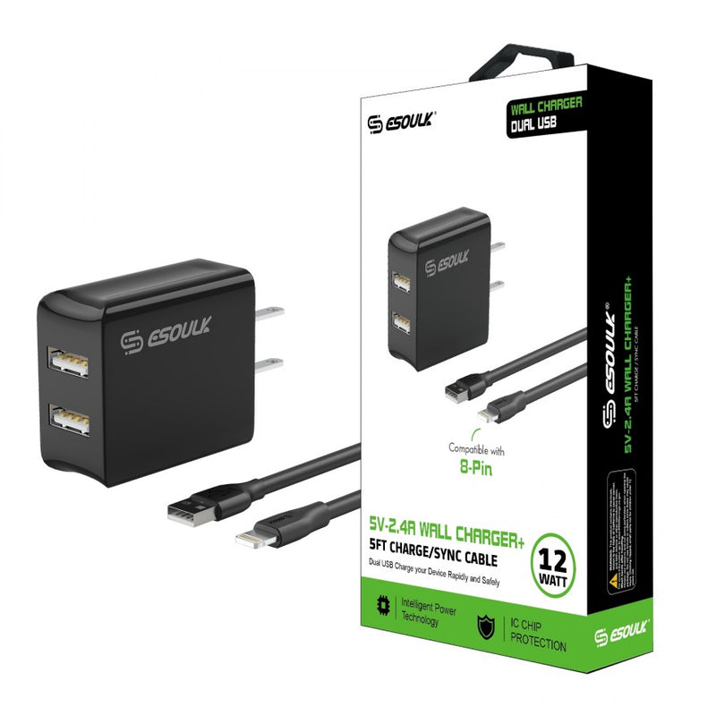 ESOULK 12W 2.4A Dual USB Travel Wall Charger with 5ft USB to Lightning Charging Cable