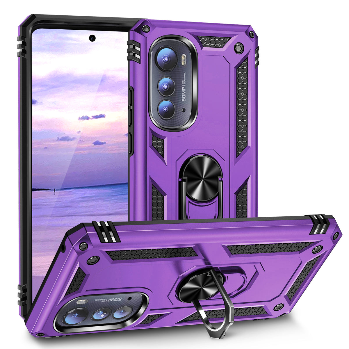 TJS "DuoGuard" Ring Kickstand Phone Case for Motorola Edge 5G 2022