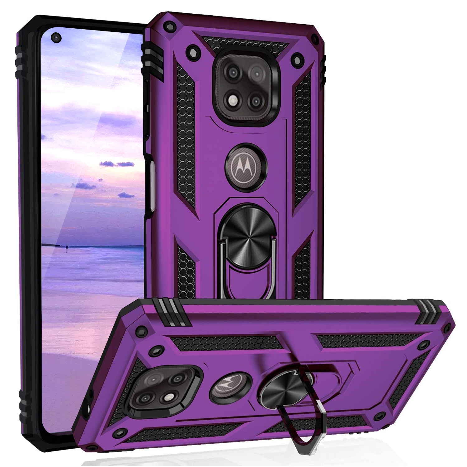 TJS "DuoGuard" Ring Kickstand Phone Case for Motorola G Power 2021