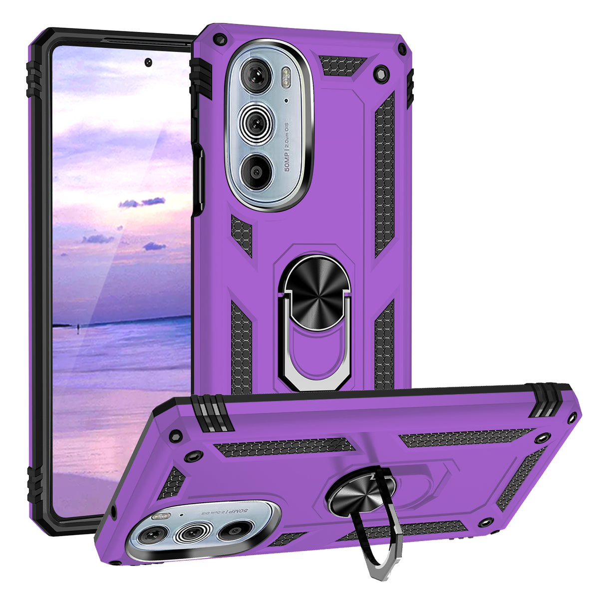 TJS "DuoGuard" Ring Kickstand Phone Case for Motorola Edge30Pro 5G 2022