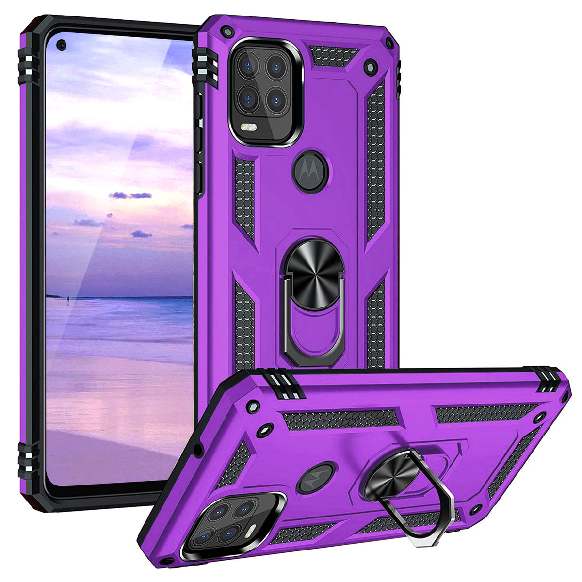 TJS "DuoGuard" Ring Kickstand Phone Case for Motorola G Stylus 5G 2021