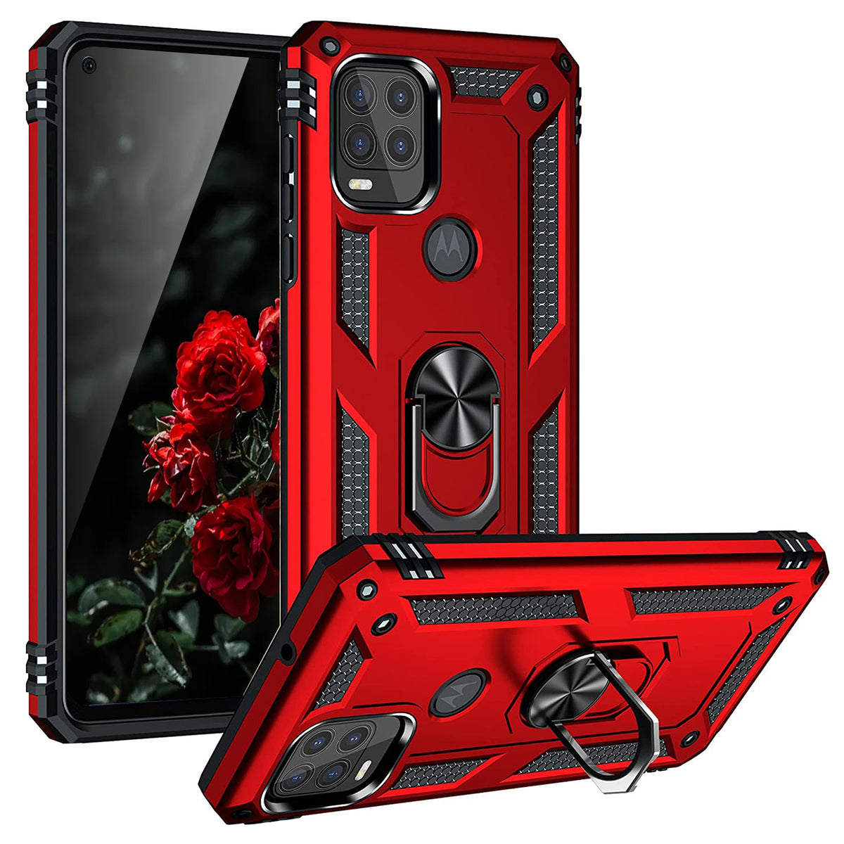 TJS "DuoGuard" Ring Kickstand Phone Case for Motorola G Stylus 5G 2021