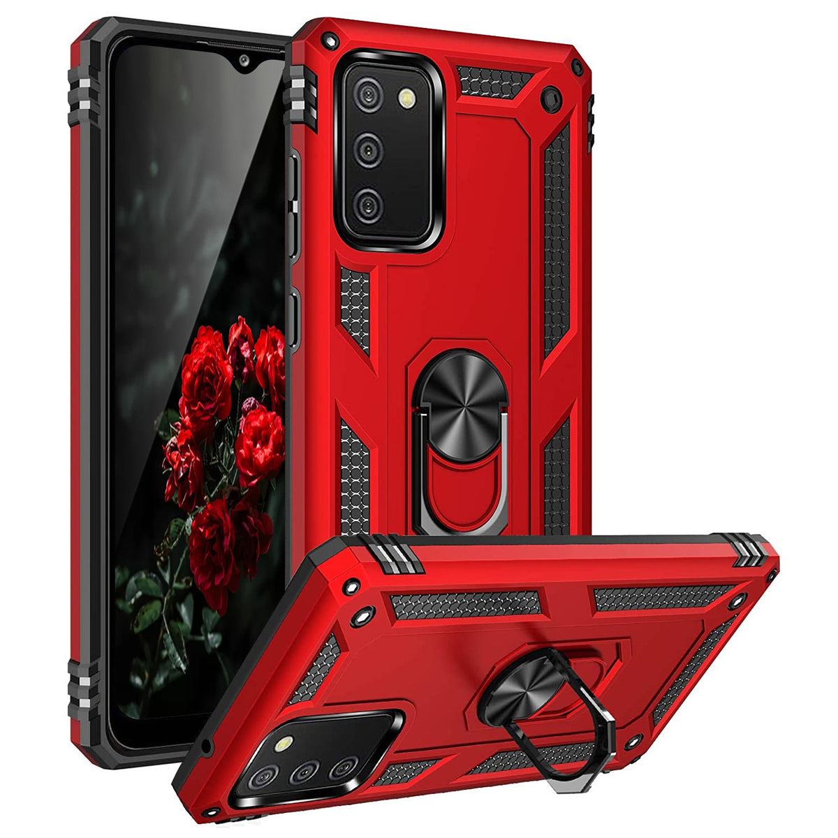 TJS "DuoGuard" Ring Kickstand Phone Case for Samsung Galaxy A02S