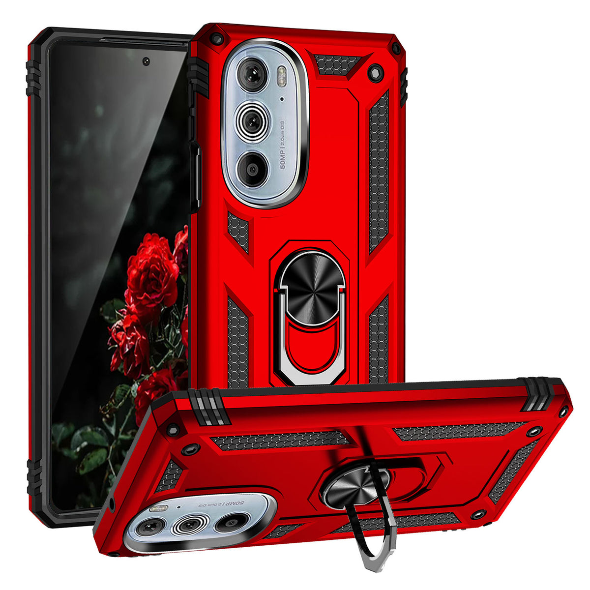 TJS "DuoGuard" Ring Kickstand Phone Case for Motorola Edge30Pro 5G 2022