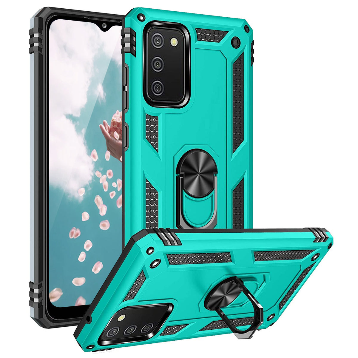 TJS "DuoGuard" Ring Kickstand Phone Case for Samsung Galaxy A02S