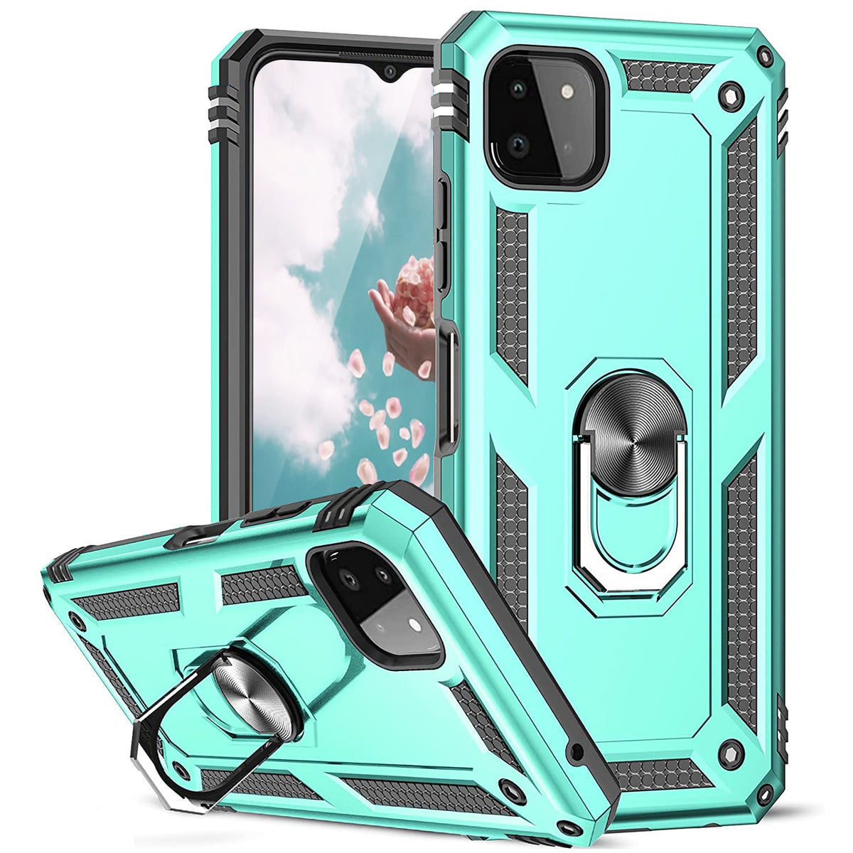 TJS "DuoGuard" Ring Kickstand Phone Case for Samsung Galaxy A22 5G