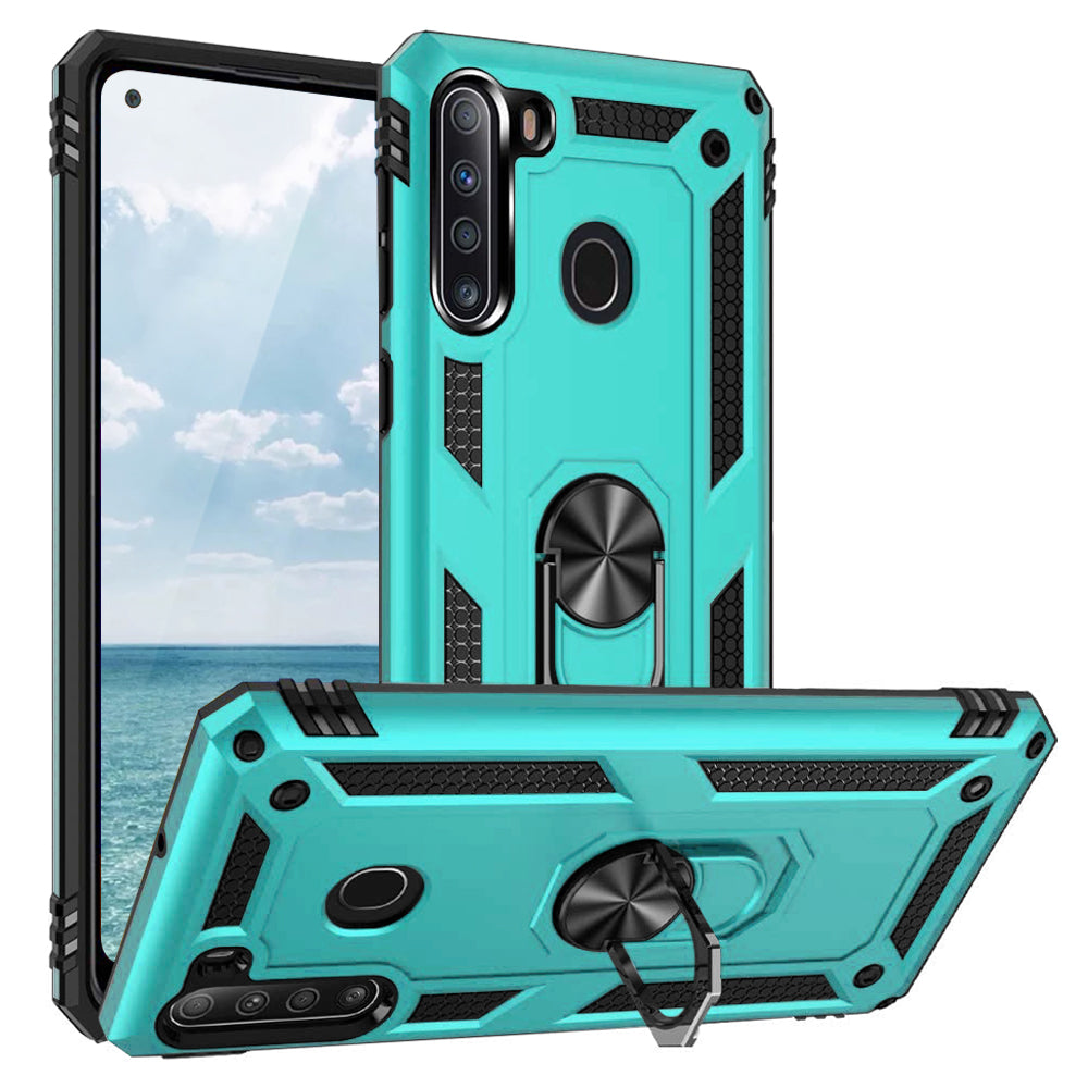 TJS "DuoGuard" Ring Kickstand Phone Case for Samsung Galaxy A21
